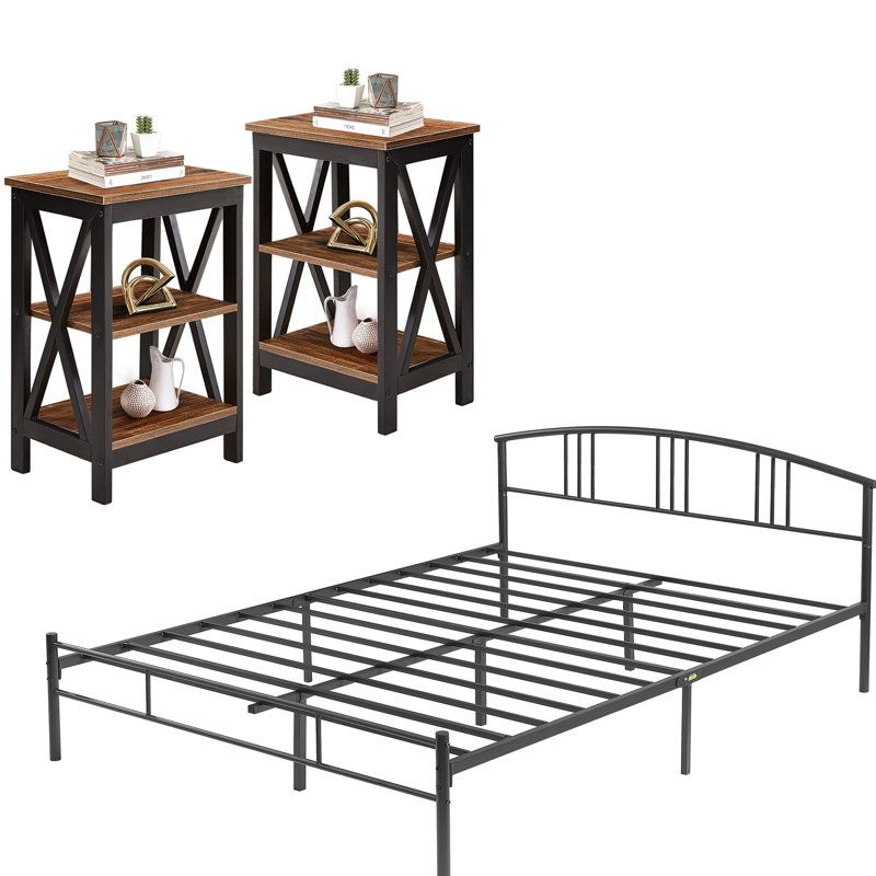 Queen Metal Bed with 2 Brown Nightstands – 3 Piece Modern Bedroom Set, Brown/Black, Queen