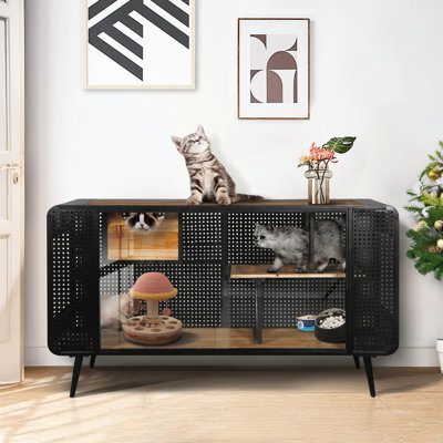 Maison pour chat avec verre trempé - bois de sapin robuste et fabrication en fer spacieuse pour les activités des chats Noir + brun Facile à assembler et à garder dans l'équipement du palais