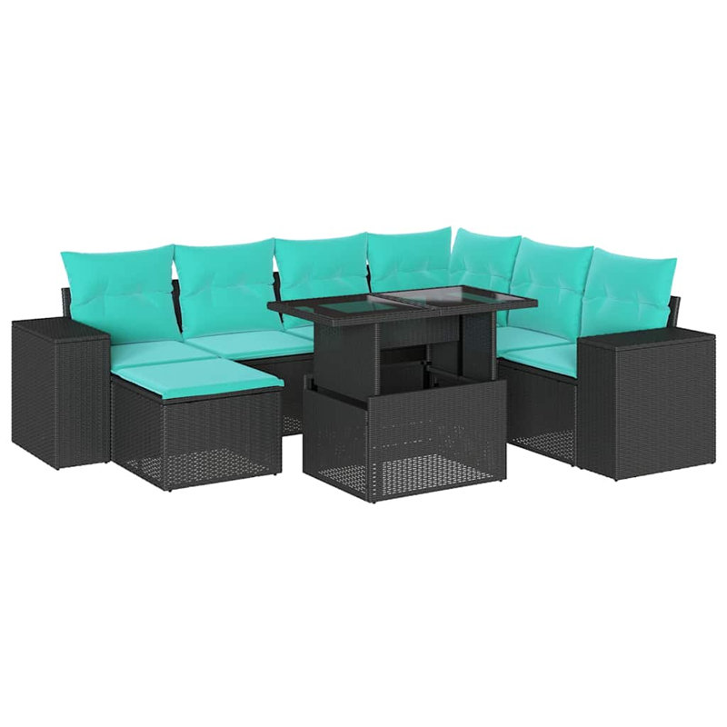 Ensemble de canapé de patio 8 pièces avec coussins en rotin de polyester, Bleu clair, Noir