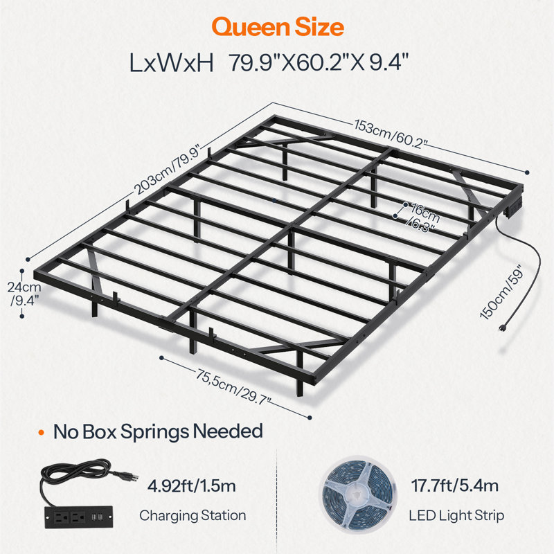 Floating Bed Frame with Charging Station and LED Lights, Queen