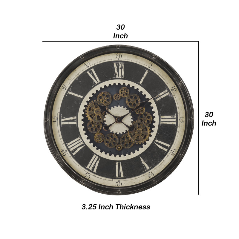 Wall Clock, Gear Face Design, White And Dark Brown Frame, 30 Inch