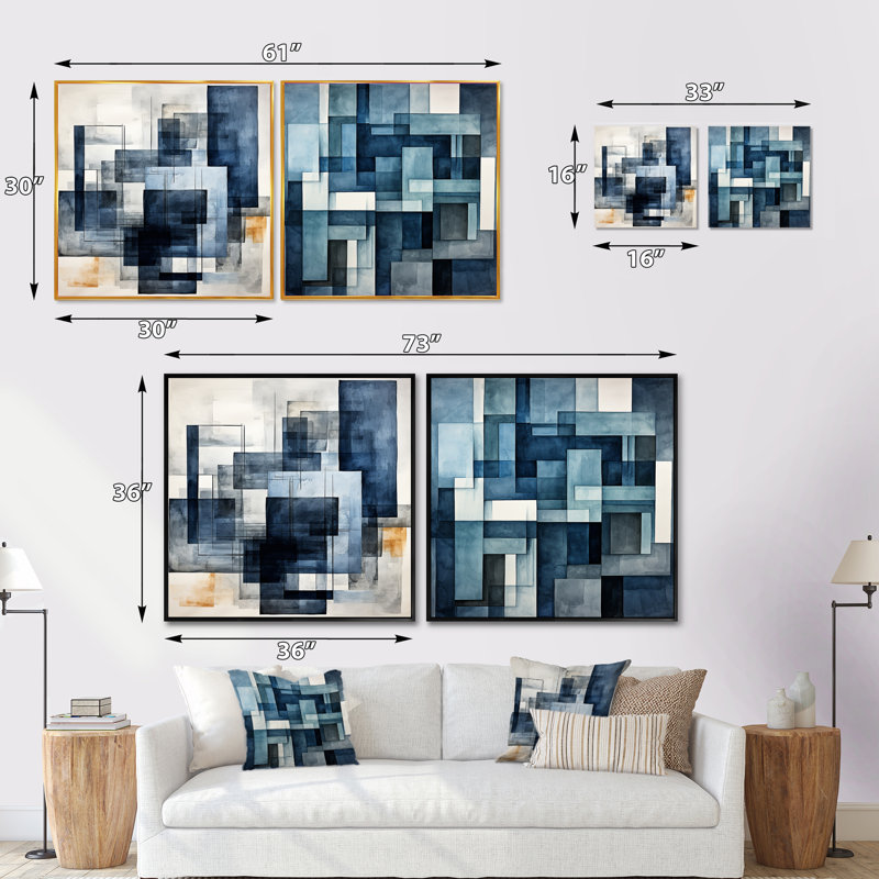 Cindye - Ensemble de 2 collages carrés à formes abstraites, Cadre flottant doré, H 16 po x l 33 po