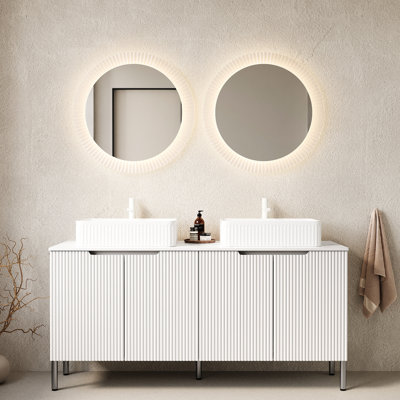 Meuble-lavabo 60 po, moderne, autoportant, lavabos et armoire à rayures françaises, lavabos en céramique blanche, comptoir, 4 portes, système de fermeture en douceur, grand rangement, meuble-lavabo autoportant de haute qualité avec