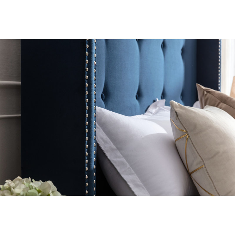 54" Headboard Queen Bed, Attractive Tufting, Nailhead Trimmed Wingback, Blue Velvet, No Box Spring, Rapid Assembly Process Charming Buttoned Trim, Quick Manual