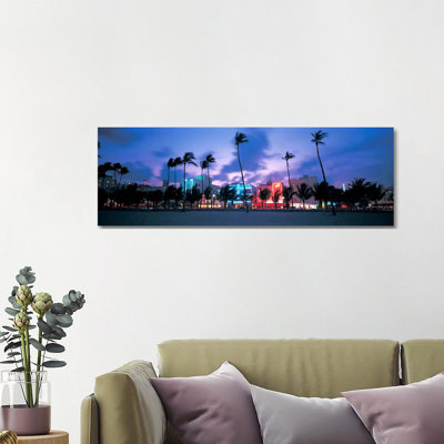Buildings Lit Up At Dusk, Miami, Florida, USA - Wrapped Canvas Panoramic Print