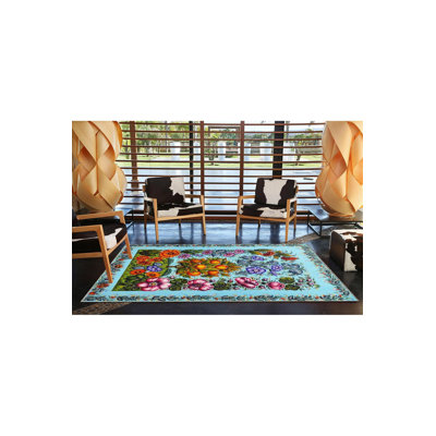 Tapis bleu lavable décoratif multicolore