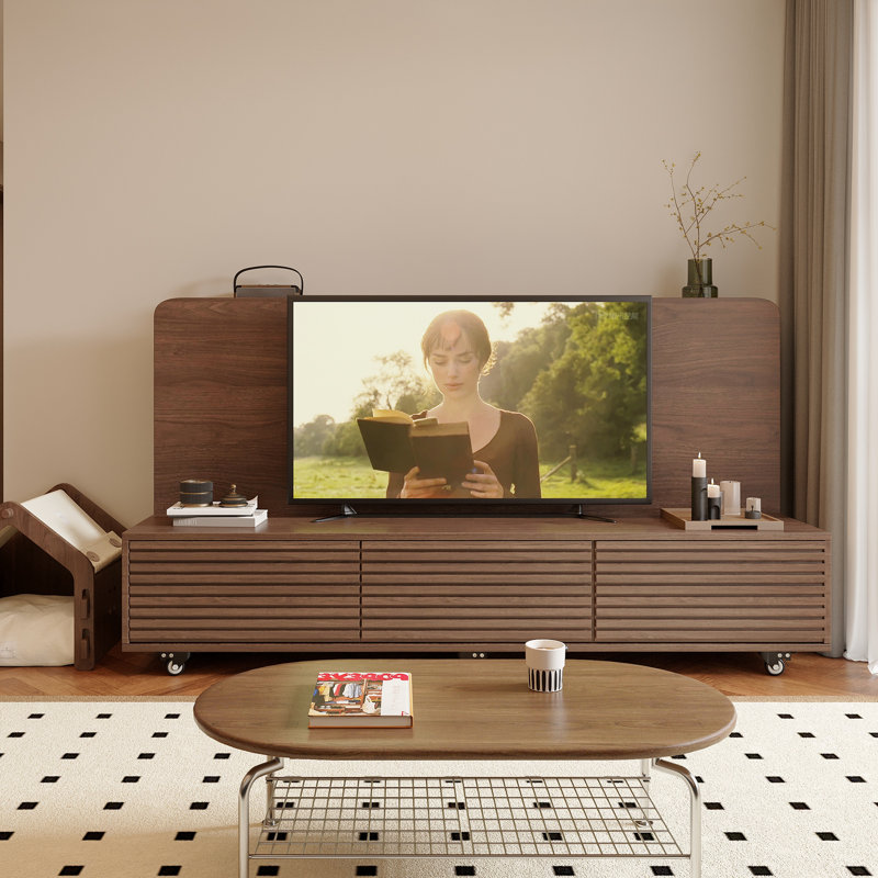 Meuble télé à roulettes pour téléviseur jusqu'à 78 po avec 3 tiroirs de rangement et tablettes ouvertes