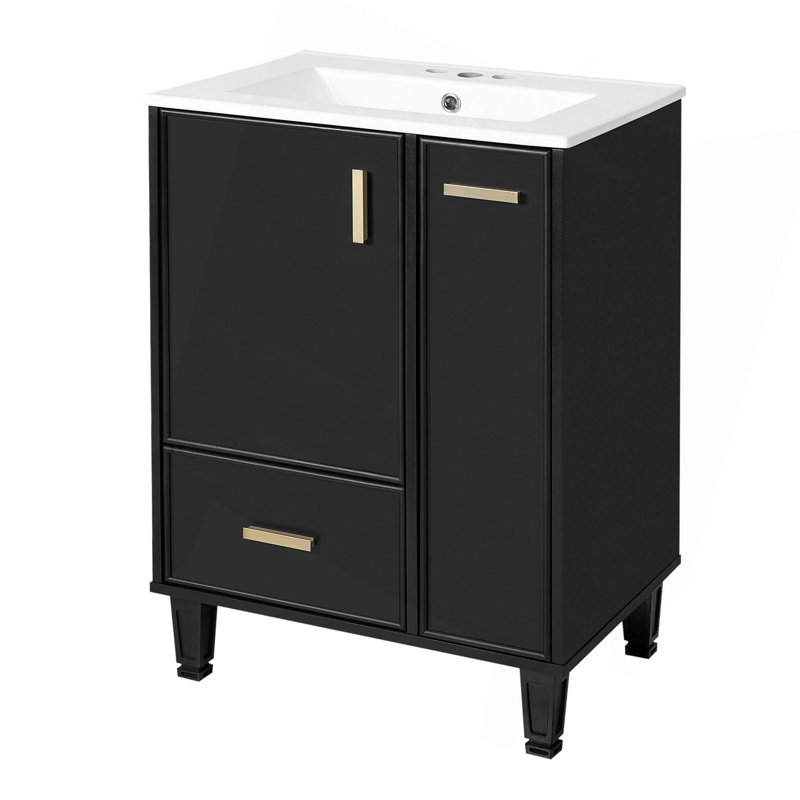 Meuble-lavabo 24 po avec lavabo et tablette de porte, tiroir profond, panier coulissant à 2 niveaux, structure en bois massif et panneau de fibres à densité moyenne
