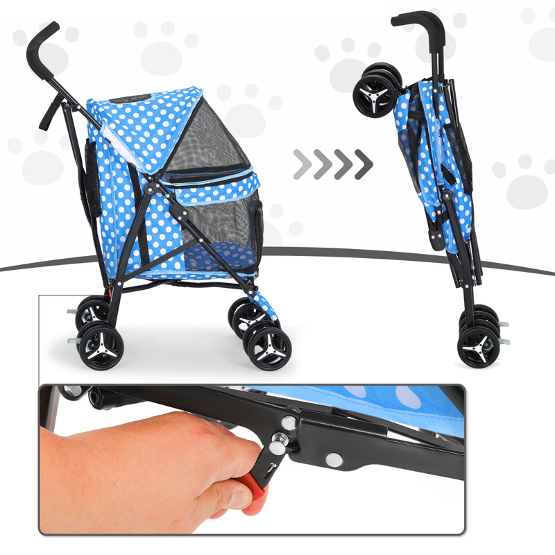Sky Blue Polka Dot Foldable Pet Stroller with Mesh Windows