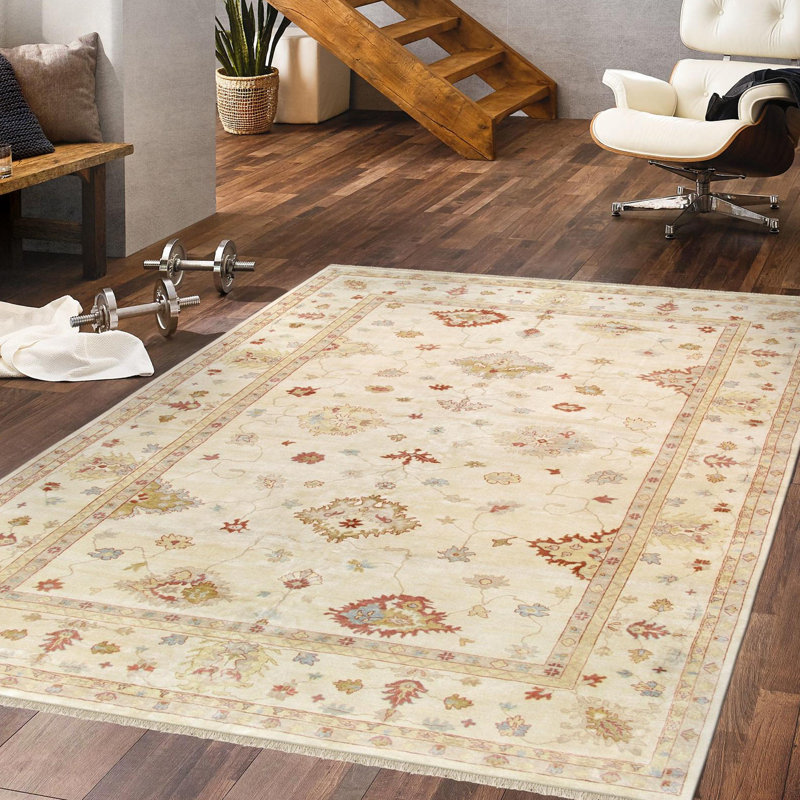Elegant Ivory Floral Hand-Knotted Wool Rug - 12' 1" x 17' 2"