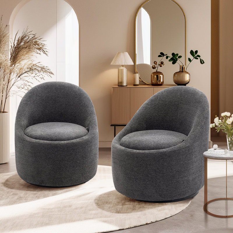 66Cm Wide Swivel Barrel Accent Chair With Hidden Storage, Upholstered Lounge Chair, Dark Grey