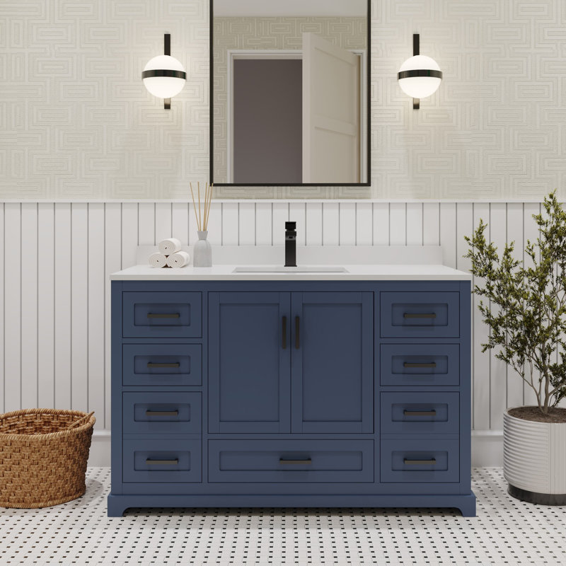Ensemble de meuble-lavabo 48 po avec comptoir en quartz Ayna Decors Maya | Lavabo en céramique | 2 portes à fermeture douce | 7 tiroirs pleine extension à fermeture en douceur