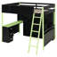 Lit mezzanine double en bois vert avec bureau, tablettes de rangement, tiroirs et lumière DEL-811364232
