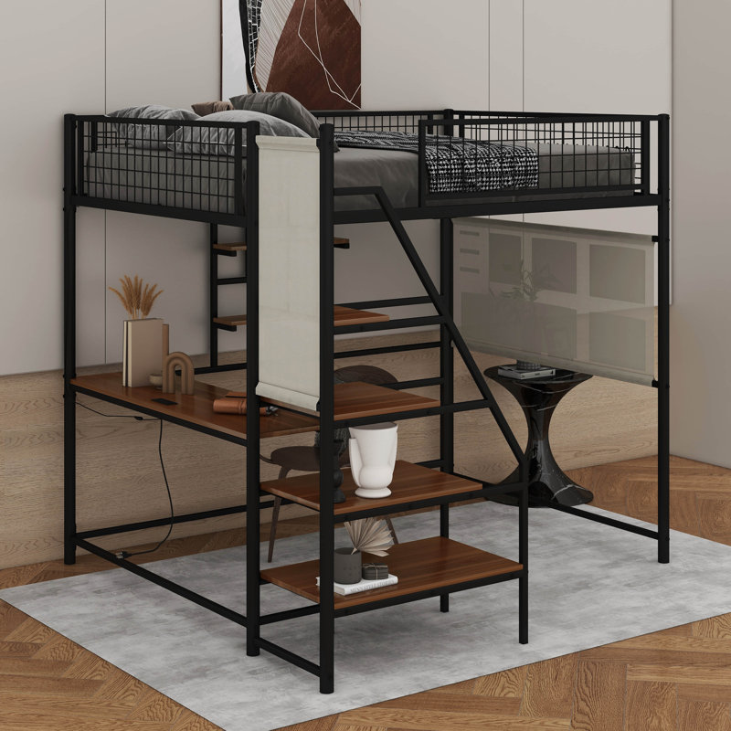 Full Size Loft Metal Bed With Built-In Charging Station And LED Light, Black