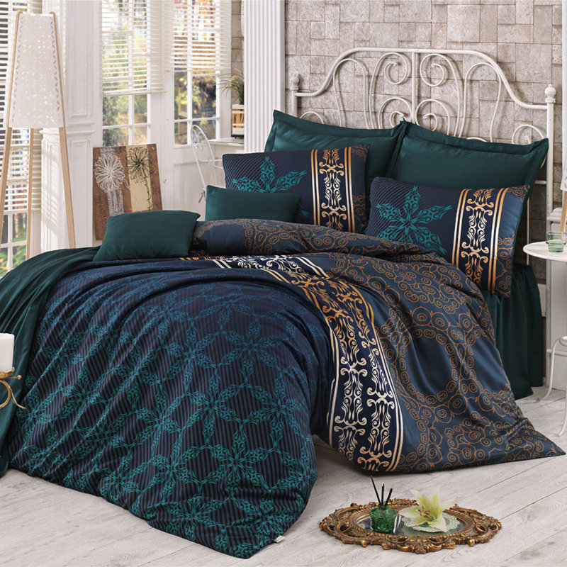 Ensemble de housse de courtepointe luxueuse 100% coton satiné, vert foncé et moutarde, grand lit 61 x 79 | Housse de couette et enveloppe à 210 fils, fermeture à boutons (1 pièce) | Lavable à la machine à 104 ° F | Conception élégante pour les chambres confortables