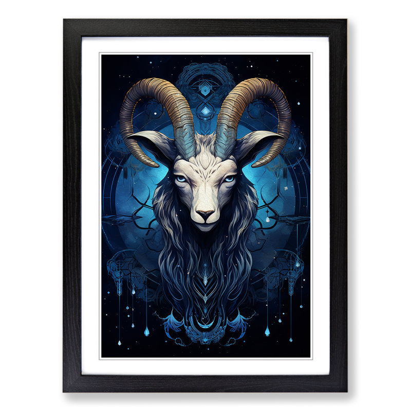 Capricorn Zodiac Geometric - Single Picture Frame Print on Wood, 64cm H x 46cm W x 2cm D, Black 