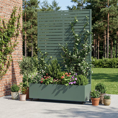 Boîte à fleurs en métal avec treillis et roues