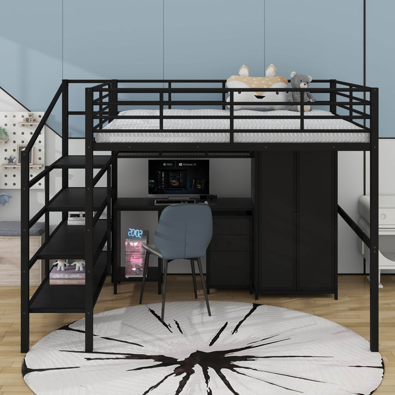 Lit mezzanine double en métal avec ensemble de table et garde-robe