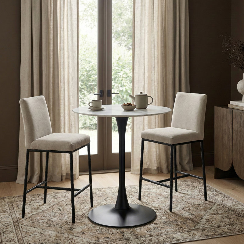 Reeves Chenille Fabric Upholstered Counter Stool, Matte Black, Cream Chenille Fabric