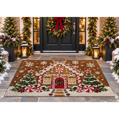 5' x 7' Outdoor Area Rug Gingerbread House Christmas Candy Heavyweight Waterproof PVC Coil Loop Carpet, Heavy Duty Patio Rug, Quick Dry Indoor Outdoor Mat for Porch Deck Balcony Entryway