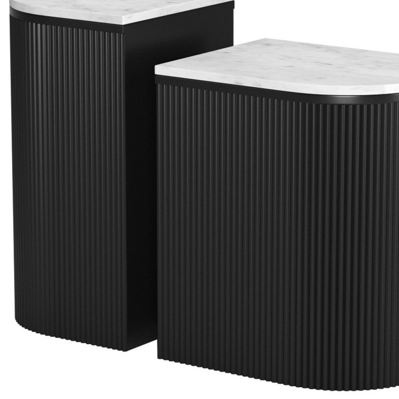 Ensemble de deux tables de bout ovales en bois massif et marbre noir et blanc