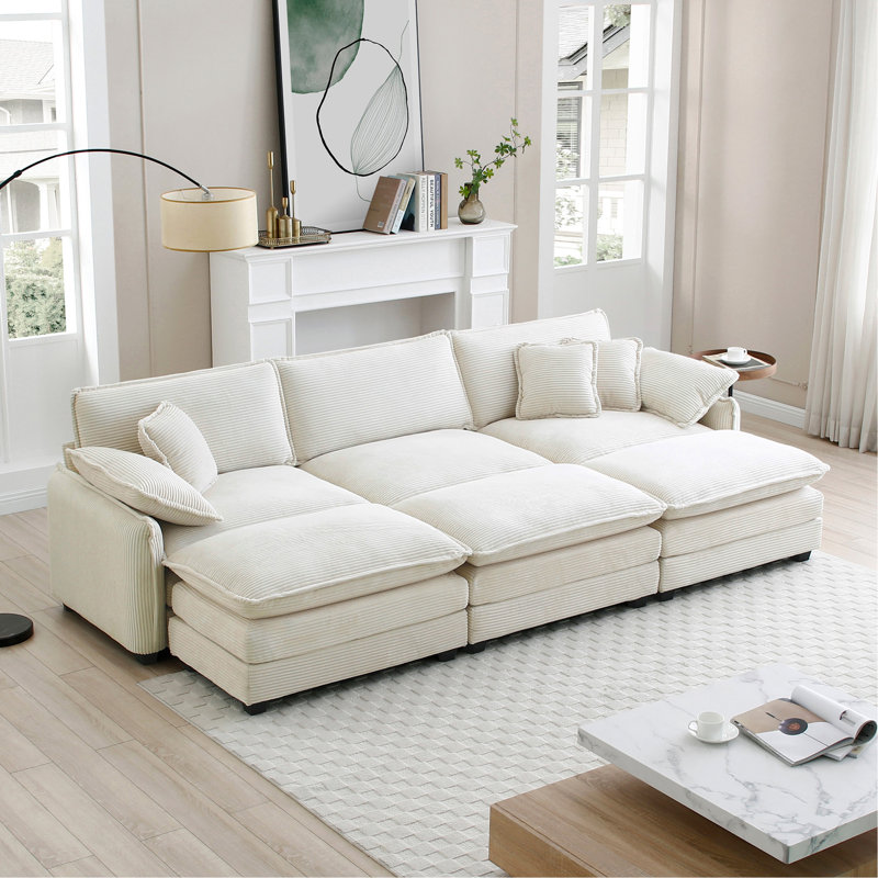 Canapé modulaire surdimensionné avec 3 repose-pieds pouvant servir de canapé-lit, canapé 3 places avec 3 repose-pieds, tissu en velours côtelé beige