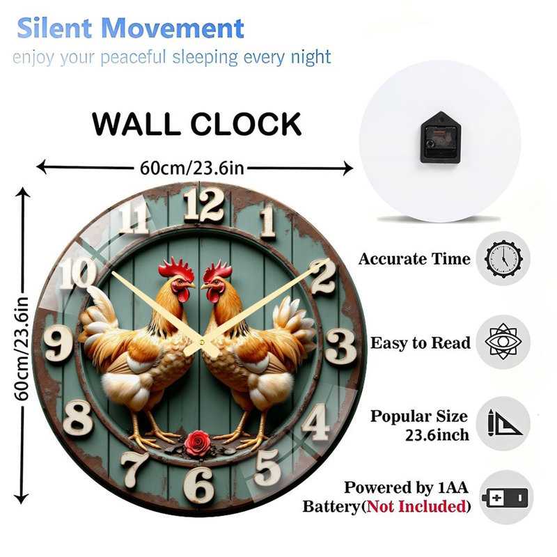 Horloge de poulet avec rose et chiffres - horloge murale moderne en verre de 24 po