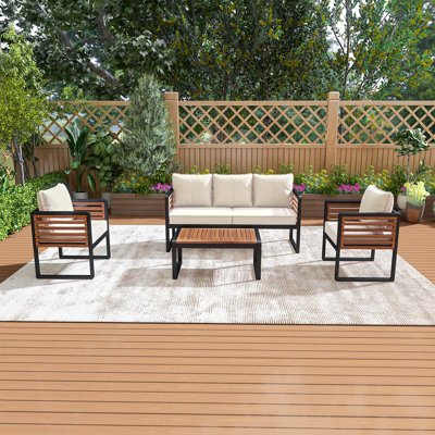 4-Piece Metal & Acacia Wood Outdoor Conversation Set, 5 Person Patio Furniture Sofa With Removable Cushion, Ideal For Backyard, Garden, Deck And Poolside, Beige
