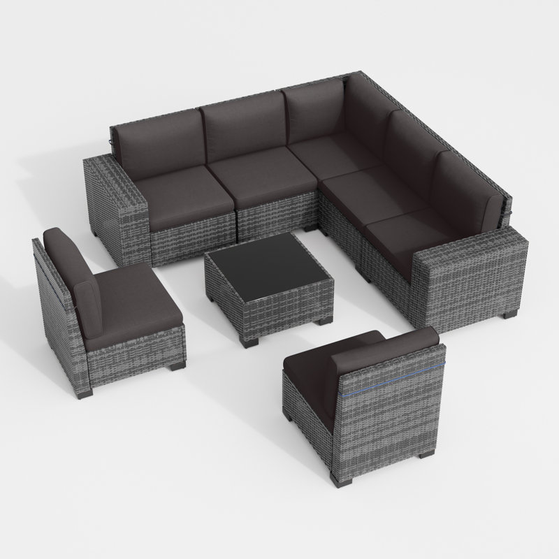7 - Person Wicker Outdoor Modular Sectional Seating Group With Cushions, Black, Gray