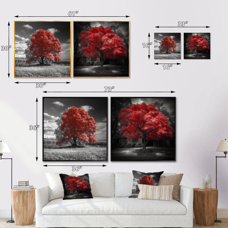 Red Tree Blossom Haven - Ensemble de 2 collages carrés à motif floral, Cadre flottant noir, H 30 po x l 61 po