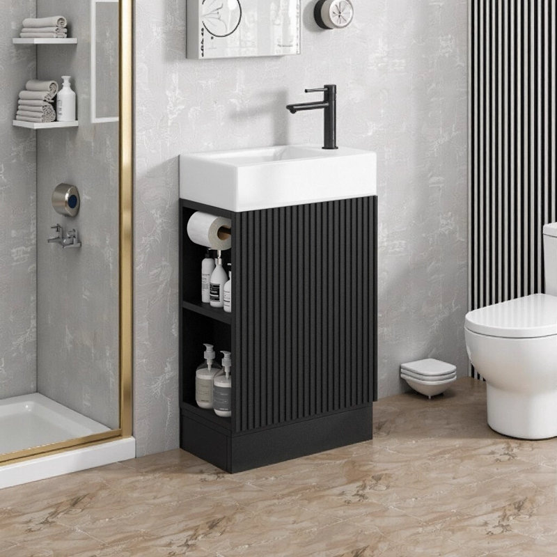 Meuble-lavabo simple moderne 18,6 po avec lavabo en céramique et tablette à deux niveaux, armoire en panneau de fibres à densité moyenne noir