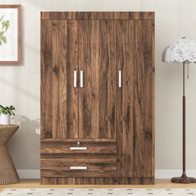 Armoire-penderie à trois portes avec 2 tiroirs et 2 tringles de suspension, parfaite pour les solutions de rangement organisées et spacieuses.