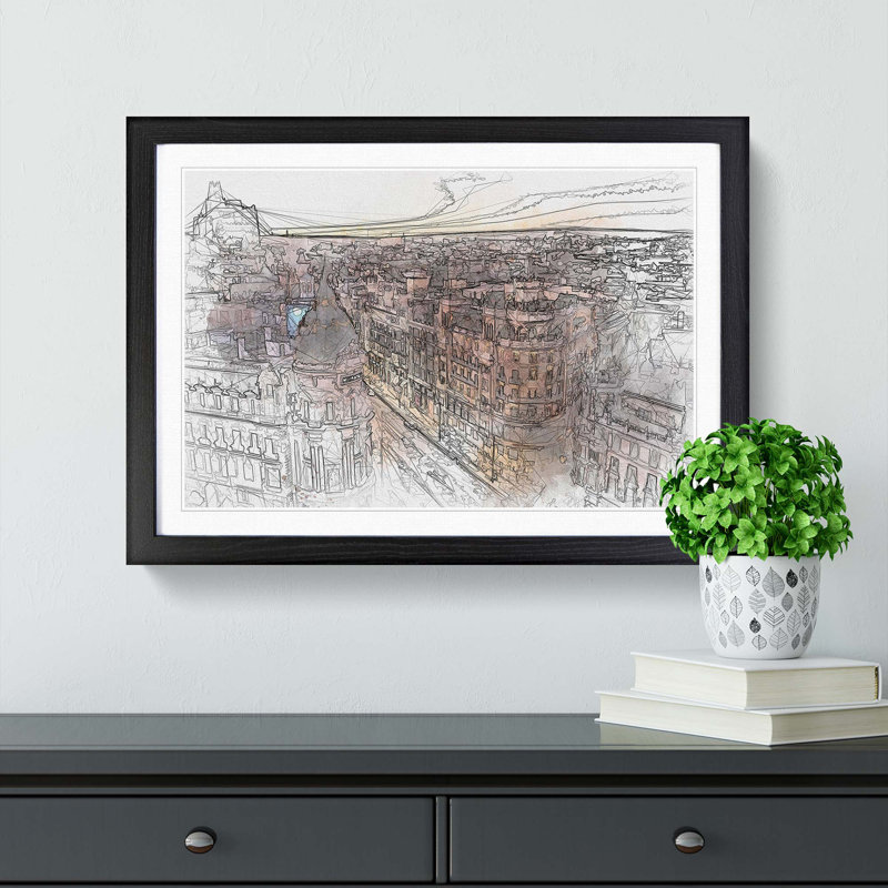 Calle Gran Via in Madrid Spain in Abstract - Picture Frame Graphic Art Print, 62cm H x 87cm W x 2cm D, Black Framed