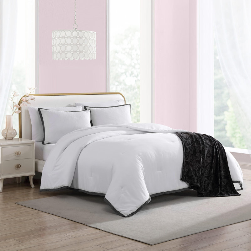 Betsey Johnson Signature Solid Reversible Comforter Set, Black/White, Queen Comforter + 3 Additional Pieces