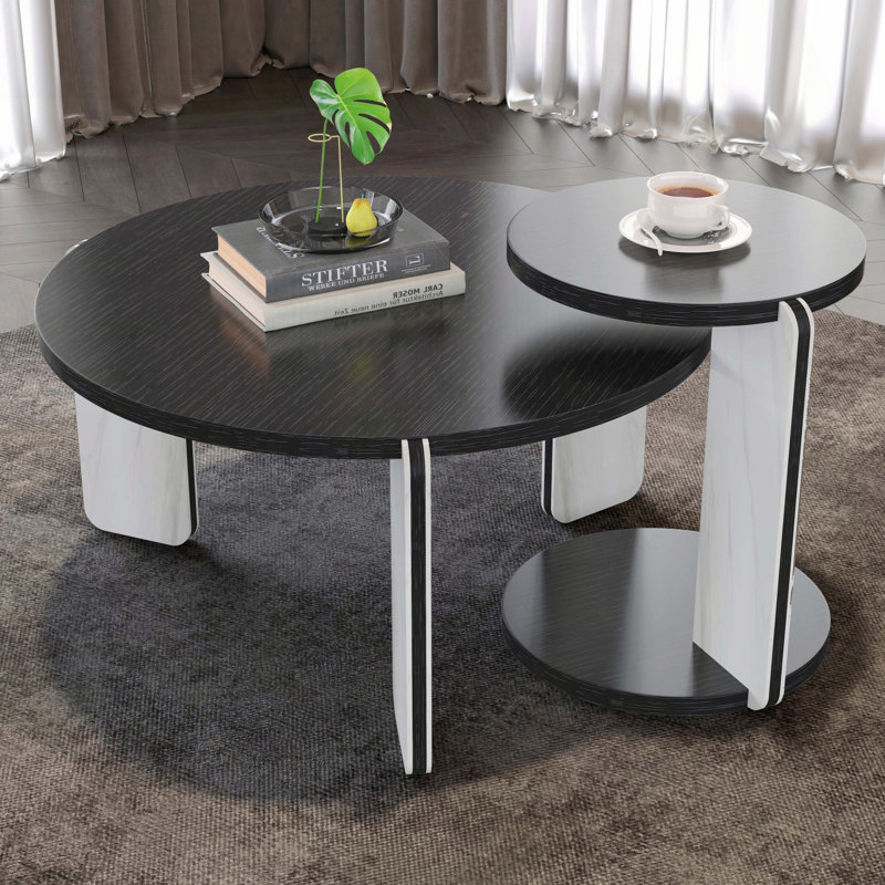Ensemble de 2 tables basses et tables de bout rondes avec placage en chêne et pieds en pierre frittée - noir et blanc, 32,68 po et 16,93 po