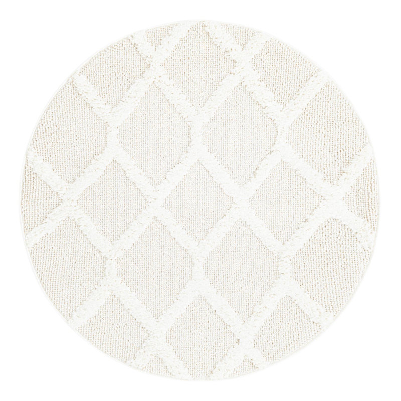 Tapis géométrique ivoire en polyester tissé à la machine, Rond 3 pi 3 po