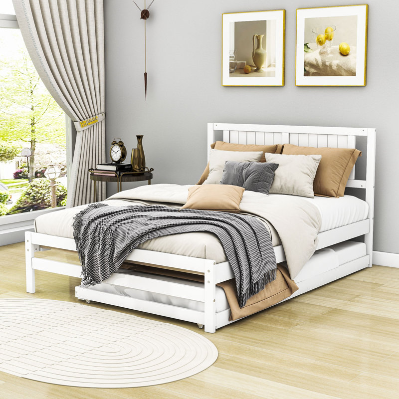 Full Wood Platform Bed with Twin Adjustable Trundle and Headboard, White