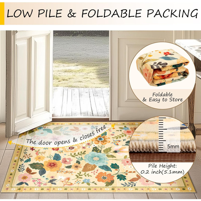 Motif floral de 6 pi avec motif lavable Boho, tapis mignon et antidérapant à fleur pour le salon, la chambre, la cuisine, le bureau, la ferme, l'ivoire et le jaune