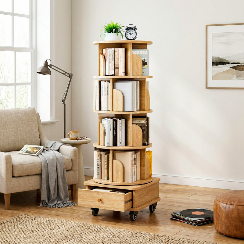 5-Tier Rotating Bookshelf Wood Color - 360° Display with Wheels & Drawer, Space-Saving Storage for Home Office, Tan