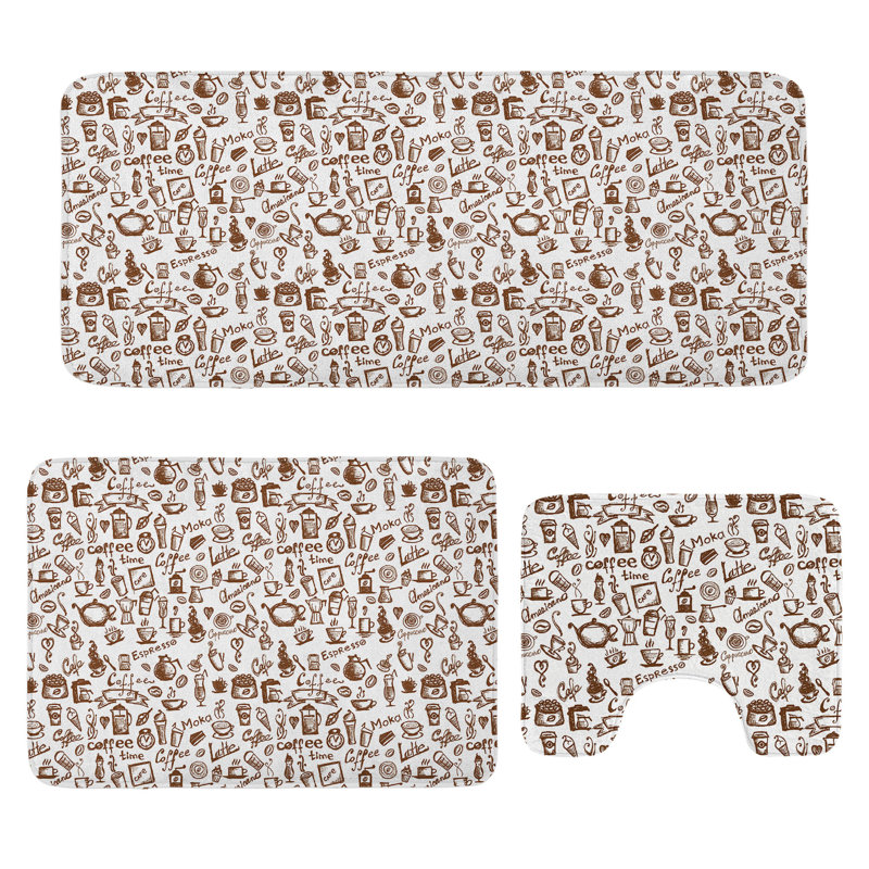 Ambesonne Coffee Bathroom Rug Set 3 Pieces U-Shape & Rectangle Mats Brown White