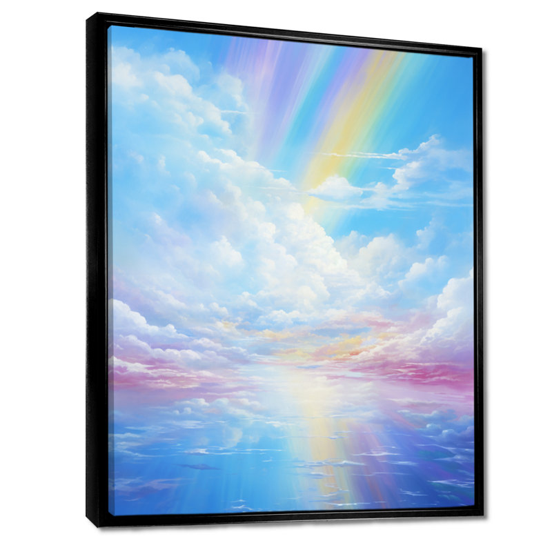 Rainbow In Pink Clouds Blue Sky - nuages, art mural, H 20 po x l 12 po x P 1 po, Toile avec cadre flottant noir