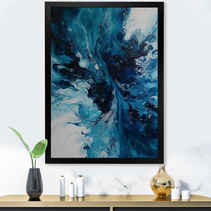 Art mural sur toile abstrait bleu sarcelle et noir, Gold Picture Framed, 32" H x 24" W