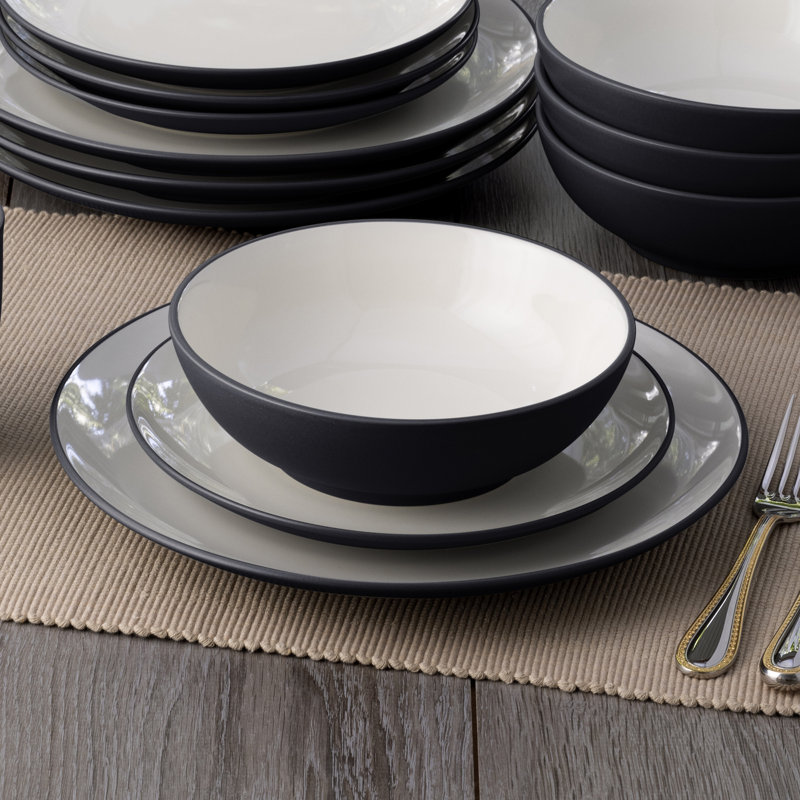 Matte Black and White Ceramic 4-Piece Dinnerware Set