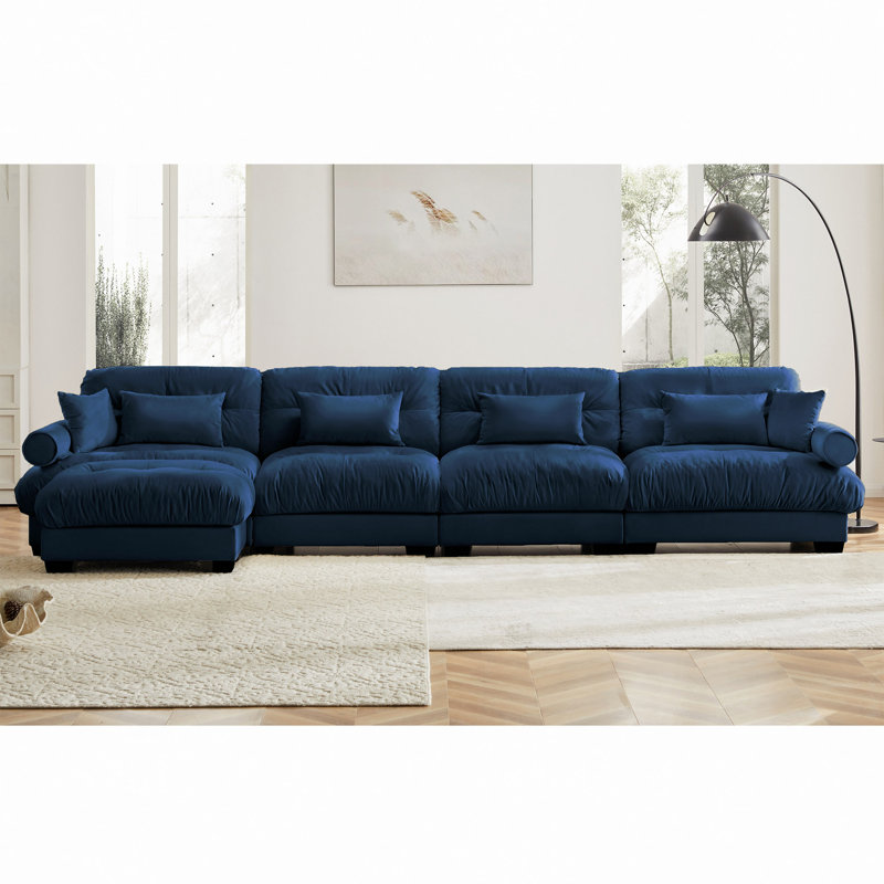 Polyvalent en forme de L avec revêtement moelleux et coussins multiples, H 35 po x l 166 po x P 61,8 po, Bleu