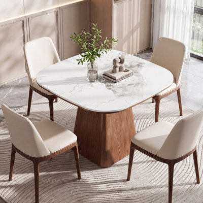 35.4" Square Dining Table with Sintered Stone Tabletop, White Marble with Grey Natural Veining