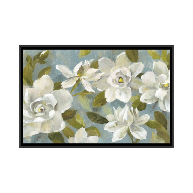 «  "gardenias" on ardoise blue », reproduction d’art sur toile, H 18 po x l 26 po x P 1,5 po, Toile avec cadre noir