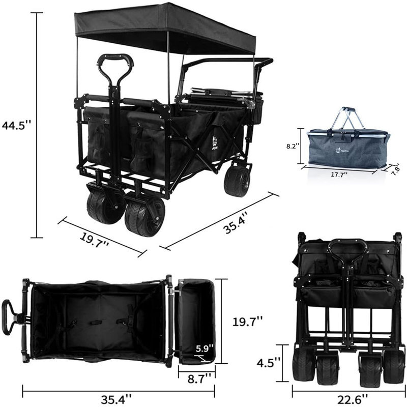 Chariots pliables avec wagons de 140 L pliables avec auvent amovible, chariot pliable avec roues pour tout-terrain avec frein, chariot pliable avec sac isotherme, pour le camping