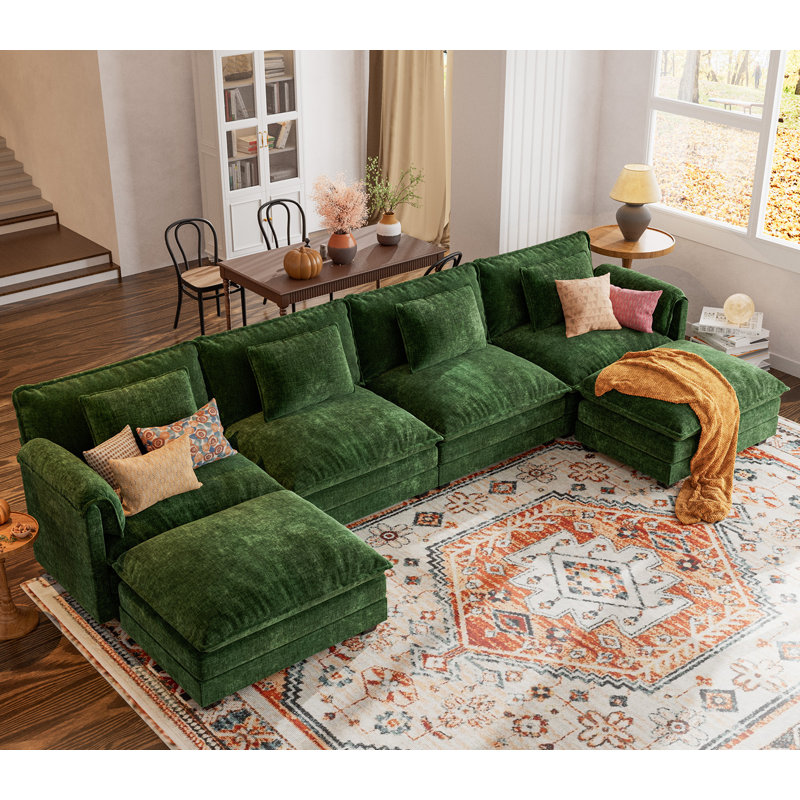 Canapé modulaire modulaire en forme de U 150 pièces Amabilia avec poufs et chenille amovibles - vert, Chenille verte