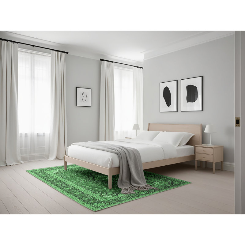 Tapis oriental vert / noir en laine et polyester tissé à la machine Kaysey, Rectangle 5 pi x 7 pi