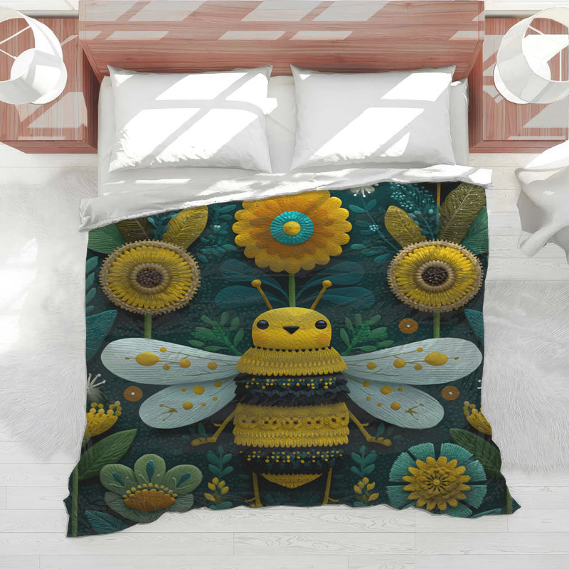 Yellow Bee With Flowers Comforter, King